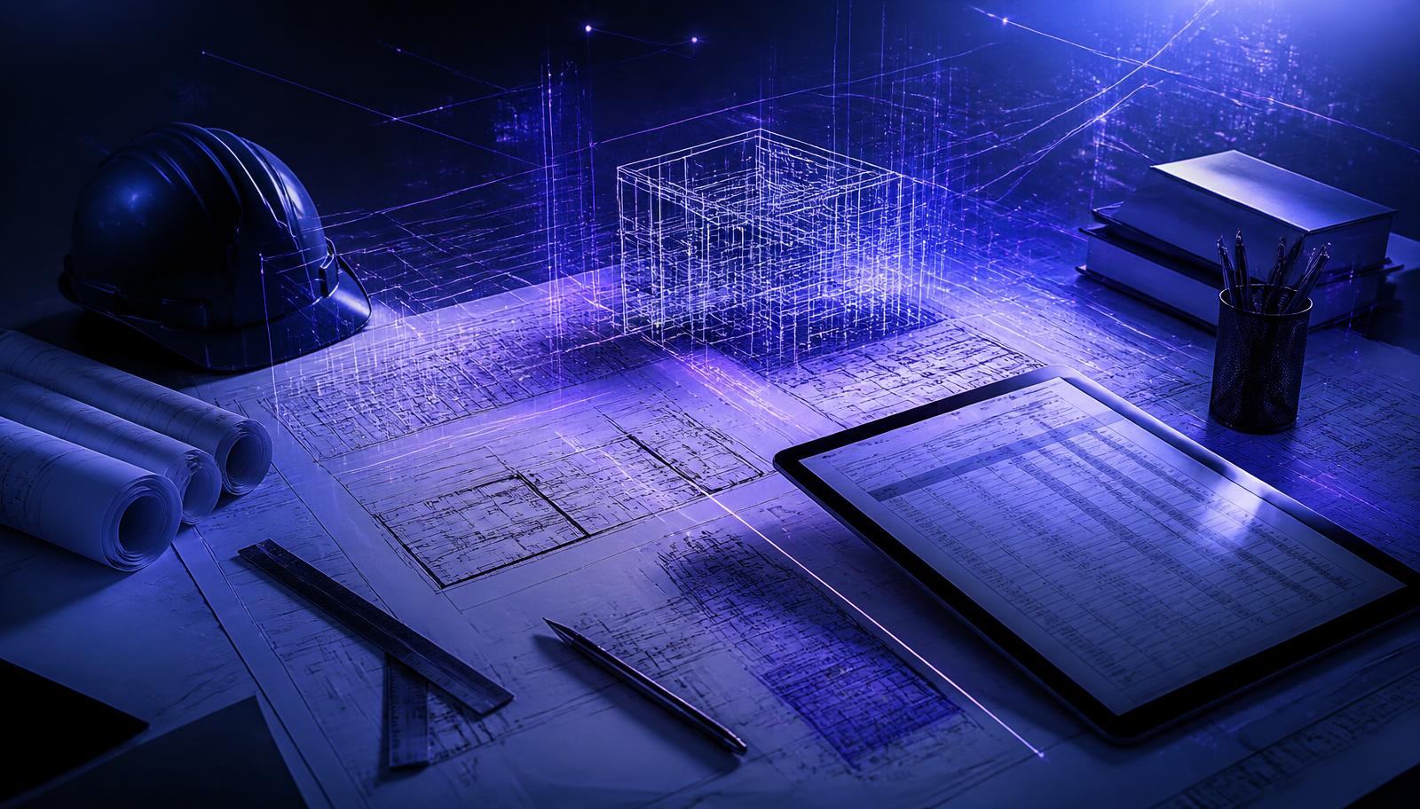 Tavole di progetto, tablet con computo metrico e reticolo luminoso che rappresenta l'analisi AI