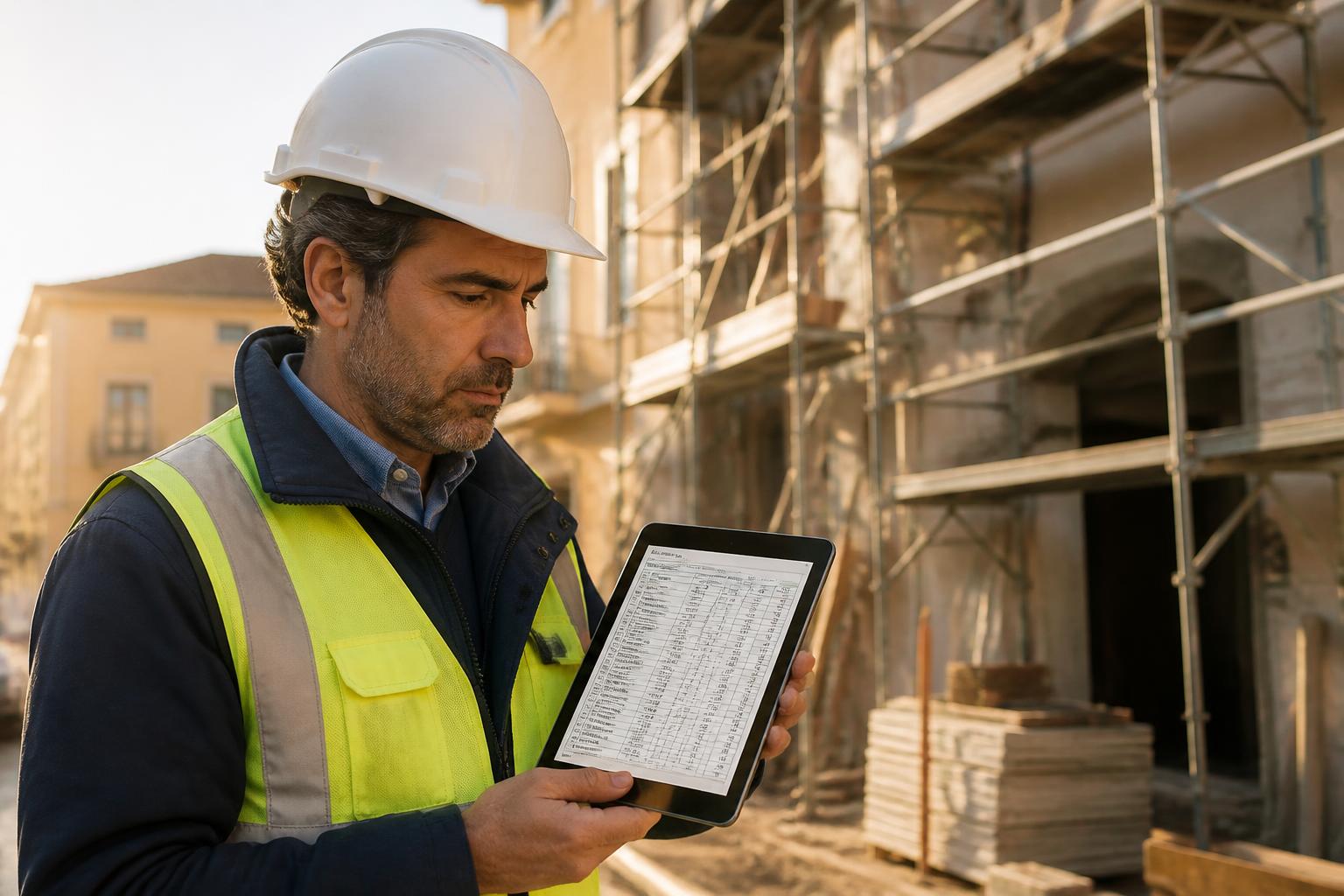 Geometra in cantiere con tablet che controlla il computo della gara davanti al ponteggio