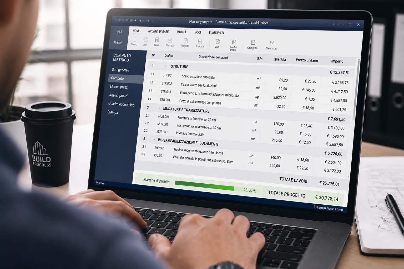 Schermo con il computo prezzato: voci, importi e barra del margine di profitto in evidenza